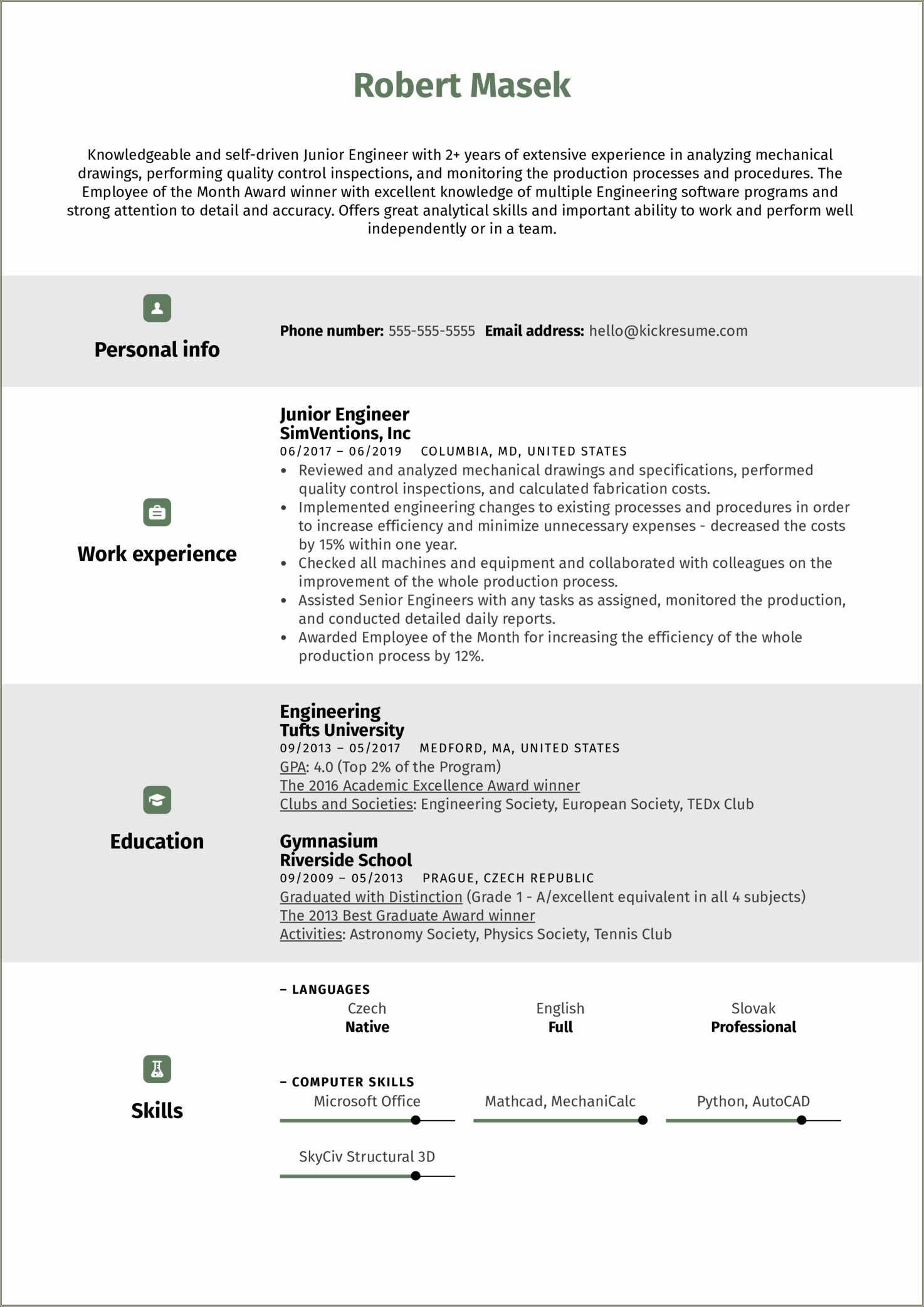 sample resume 1 year experience