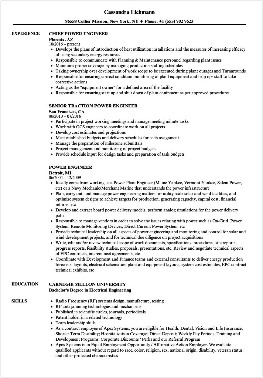1 Year Experience Resume Format For Electrical Engineer
