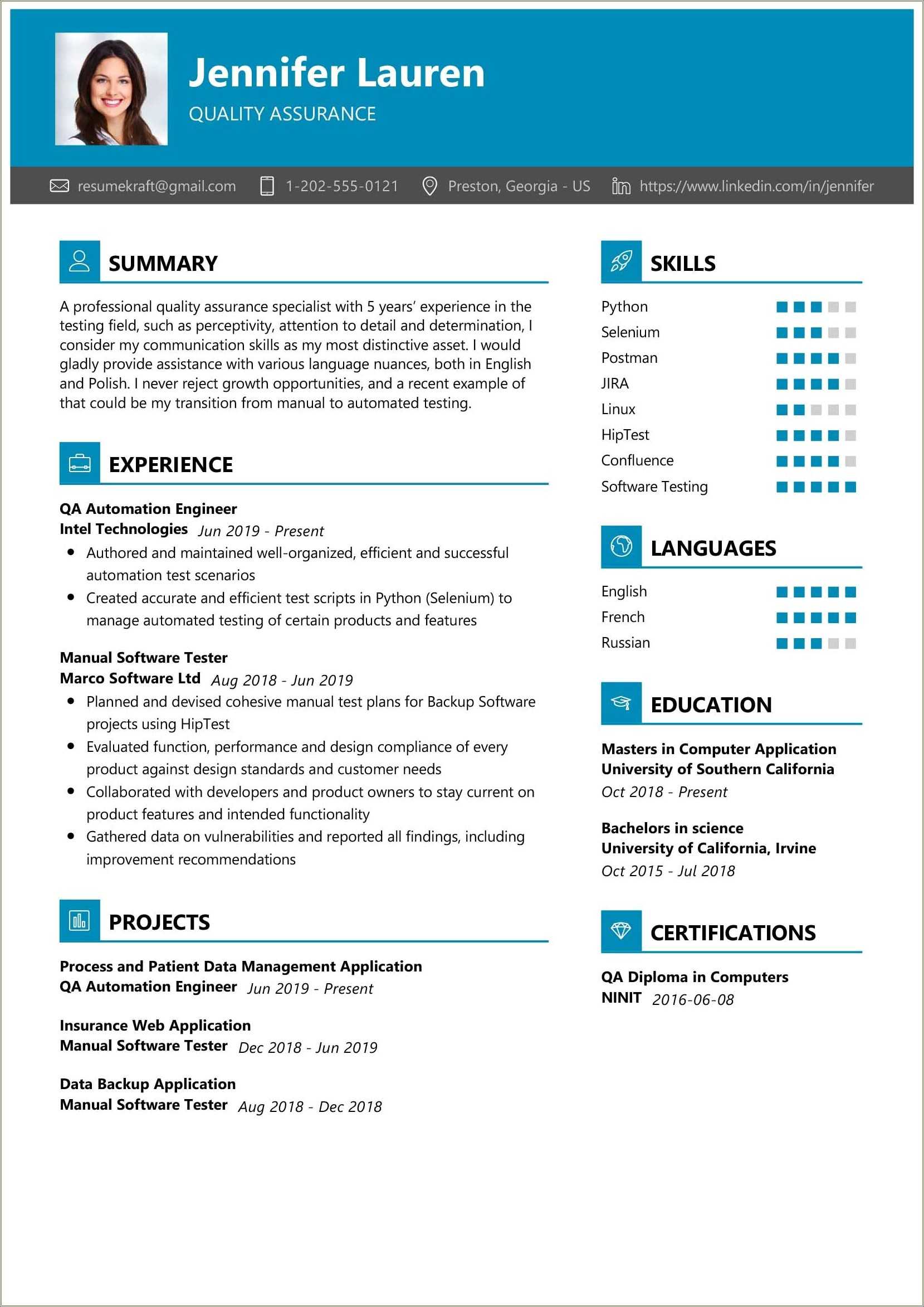 resume format for 1 year experience in manual testing