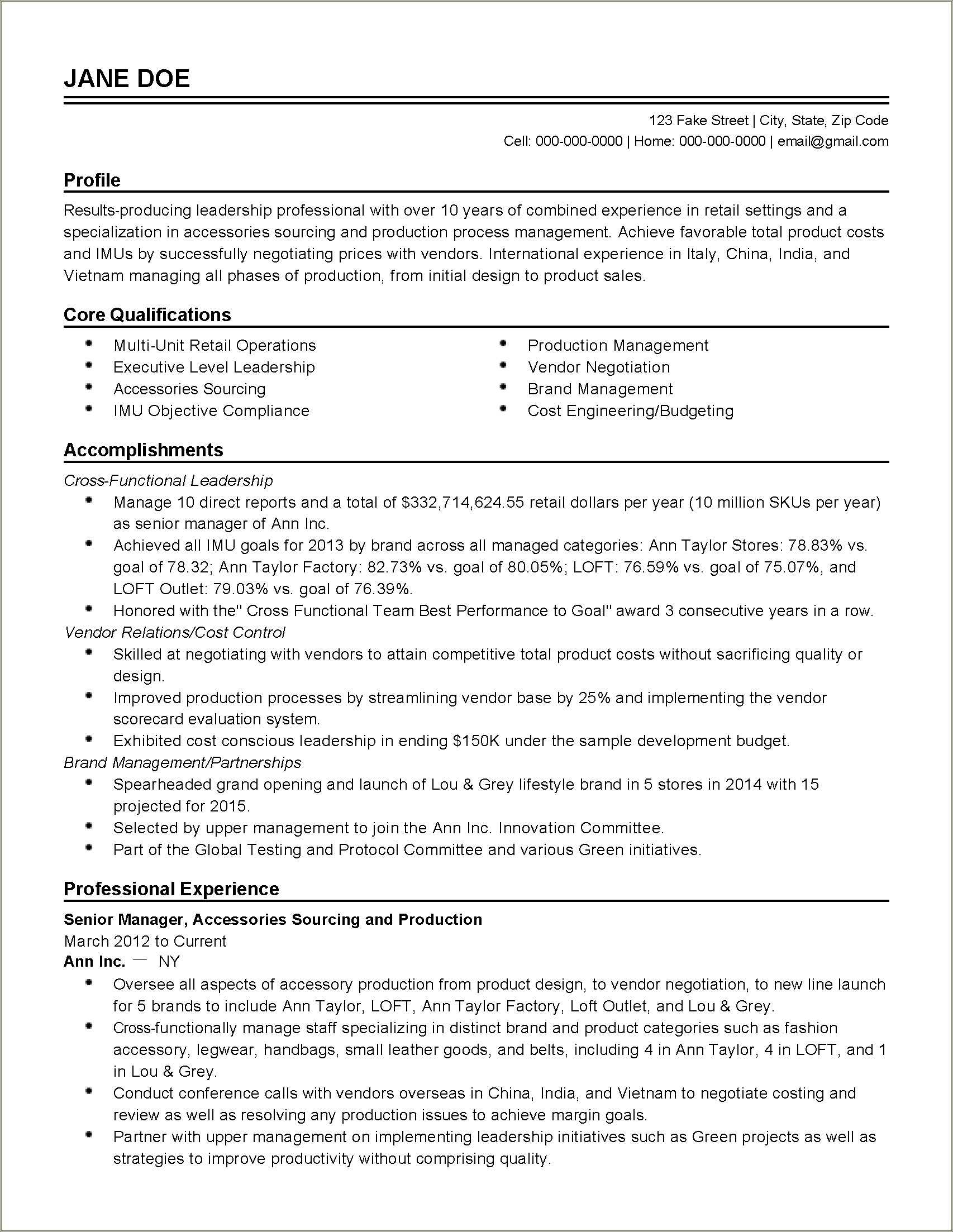 resume sample for 20 years experience