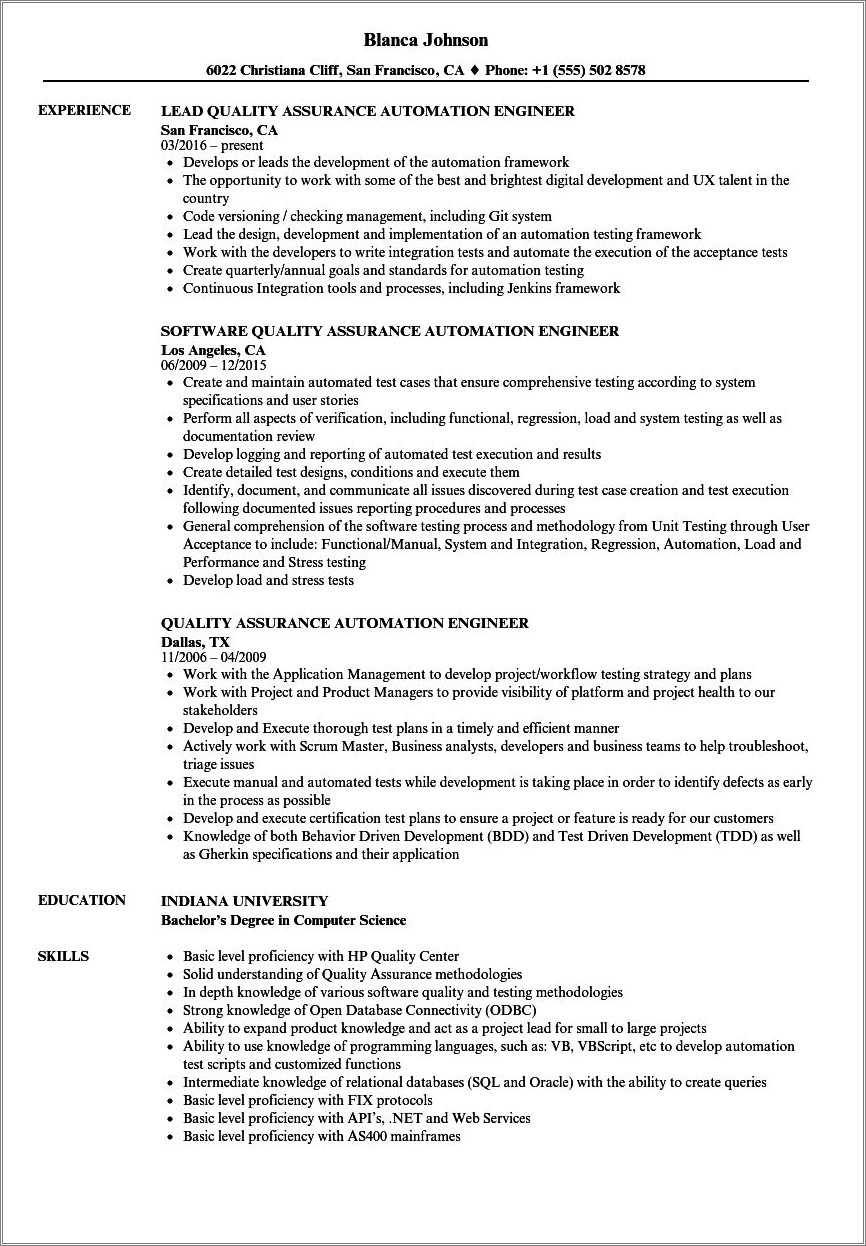 5 Years Experience Automation Engineer Resume
