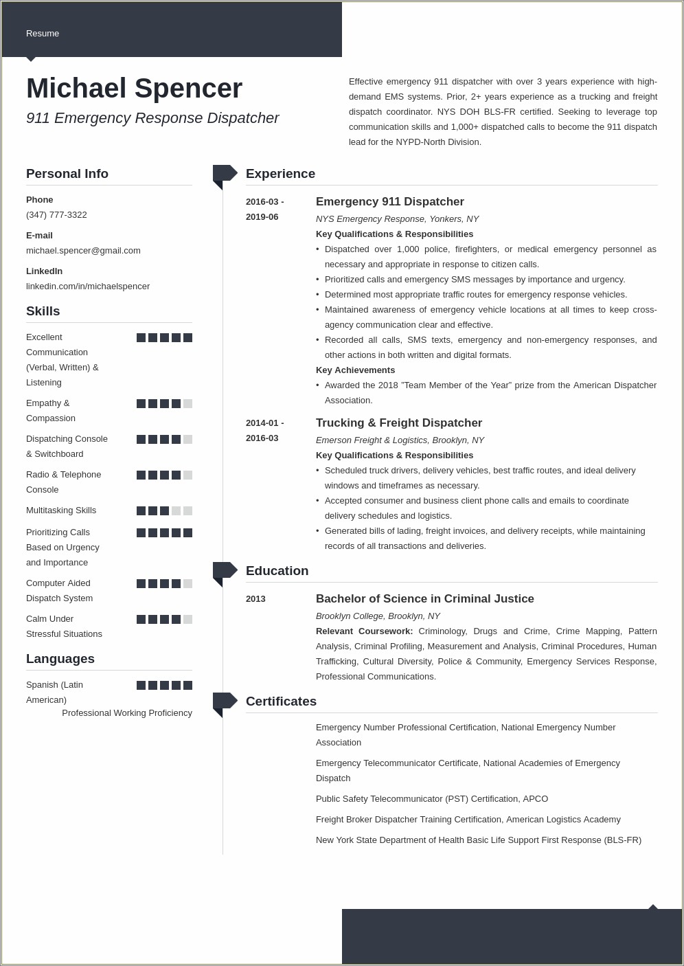 911 Operator Applicant Resume Example