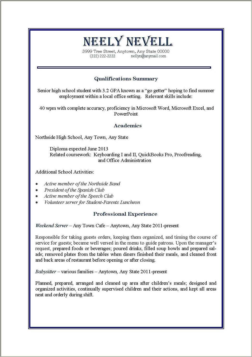 A Basic Resume For Students In High School