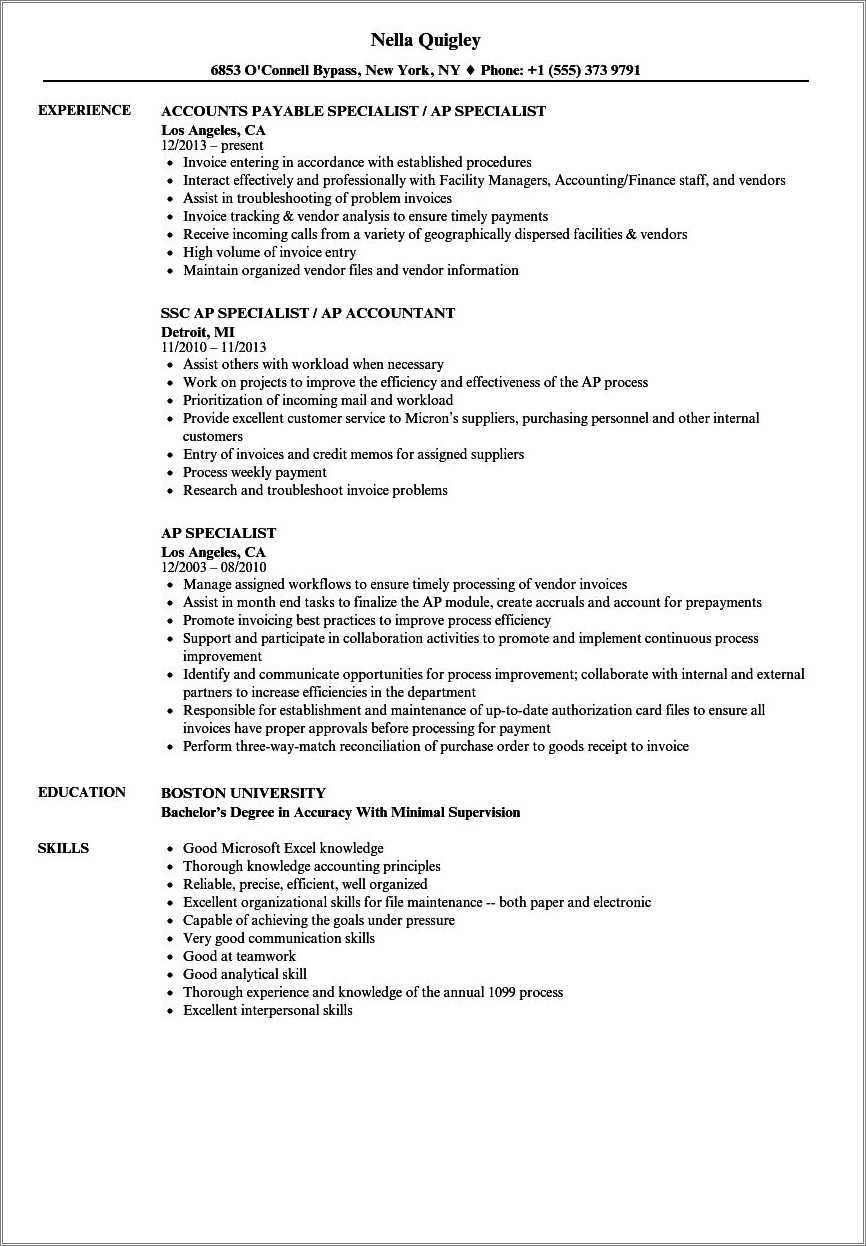 Accounts Payable Specialist Job Description For Resume