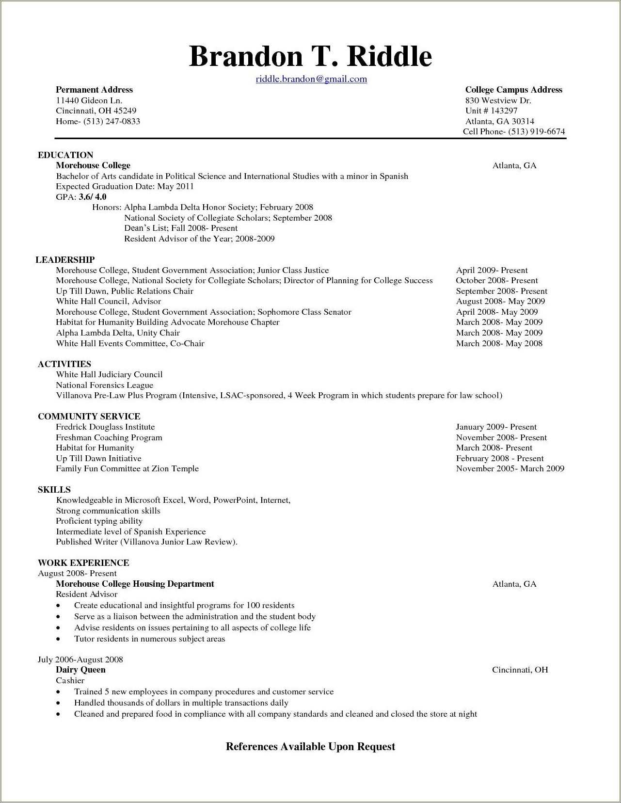 Activities Resume Sample For College Resume Example Gallery