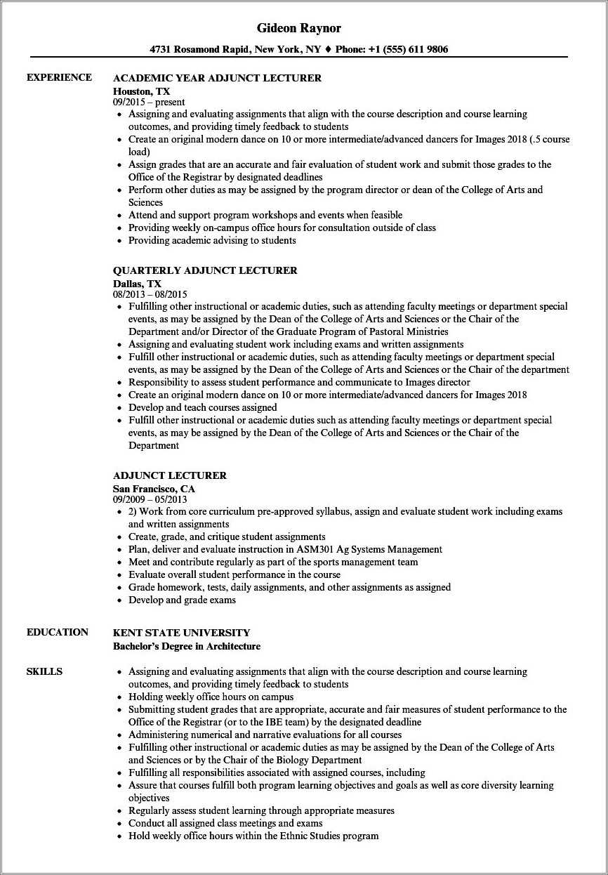 Adjunct Professor Resume With No Experience