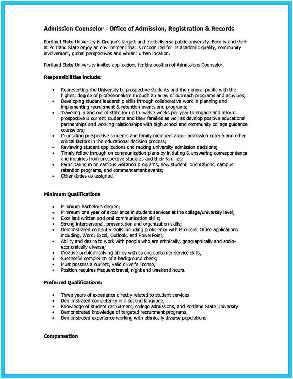 Admissions Counselor Resume Job Description