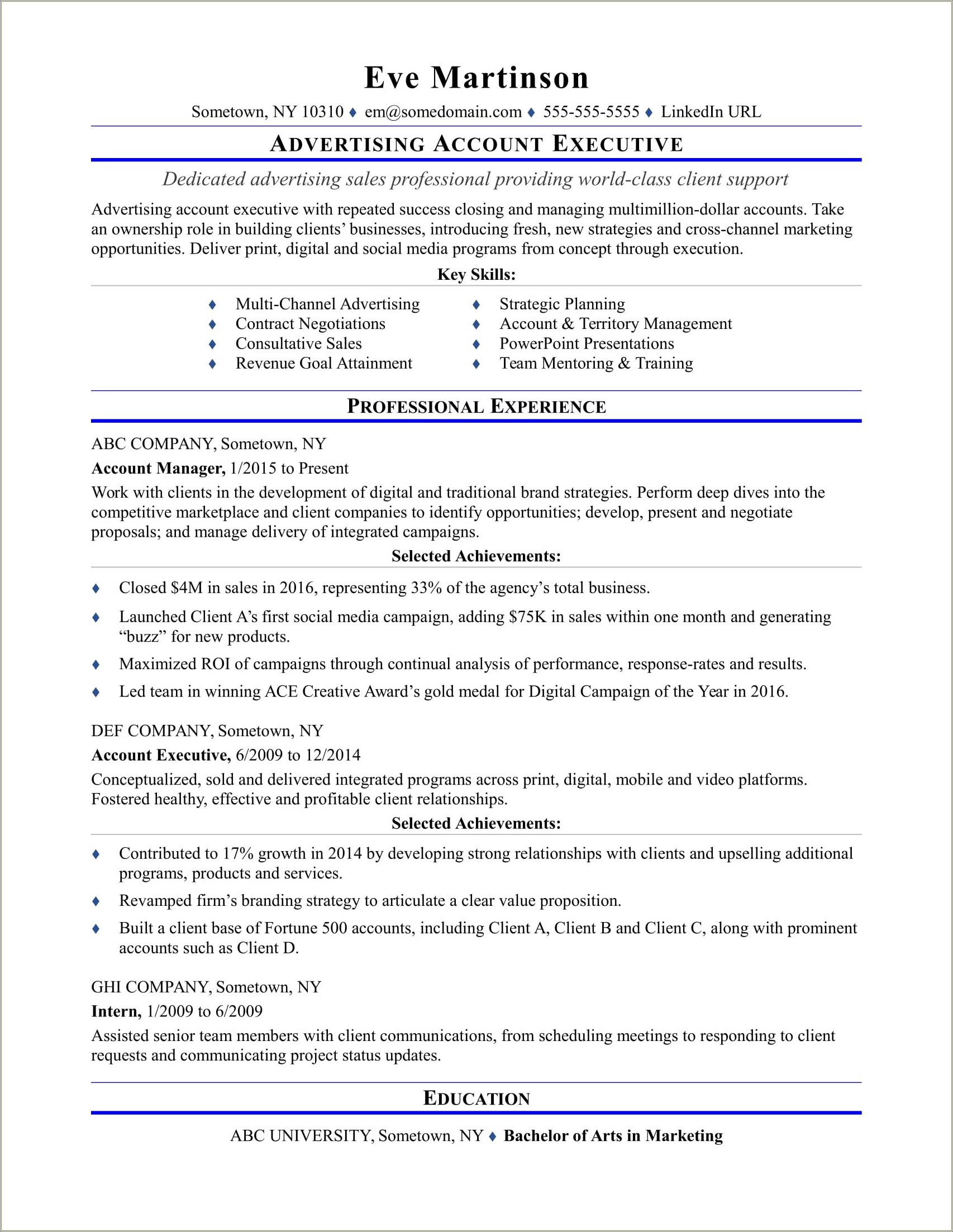 Advertising Account Executive Resume Example