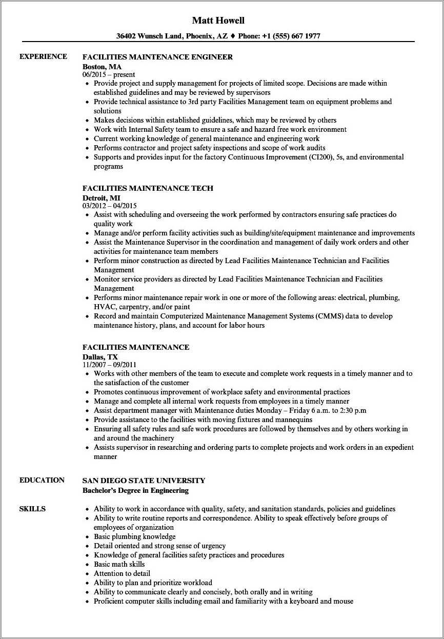 Air Force Facility Management Resume Examples