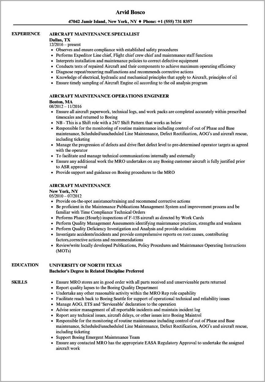 Free Aircraft Mechanic Resume Templates - Resume Example Gallery