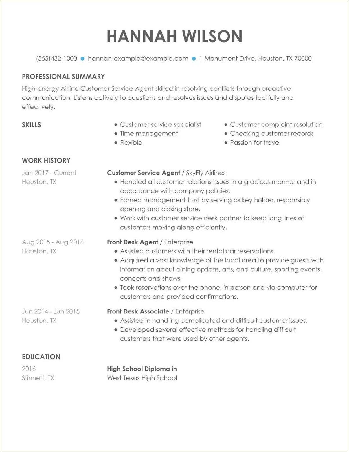 Airline Customer Service Agent Resume Template