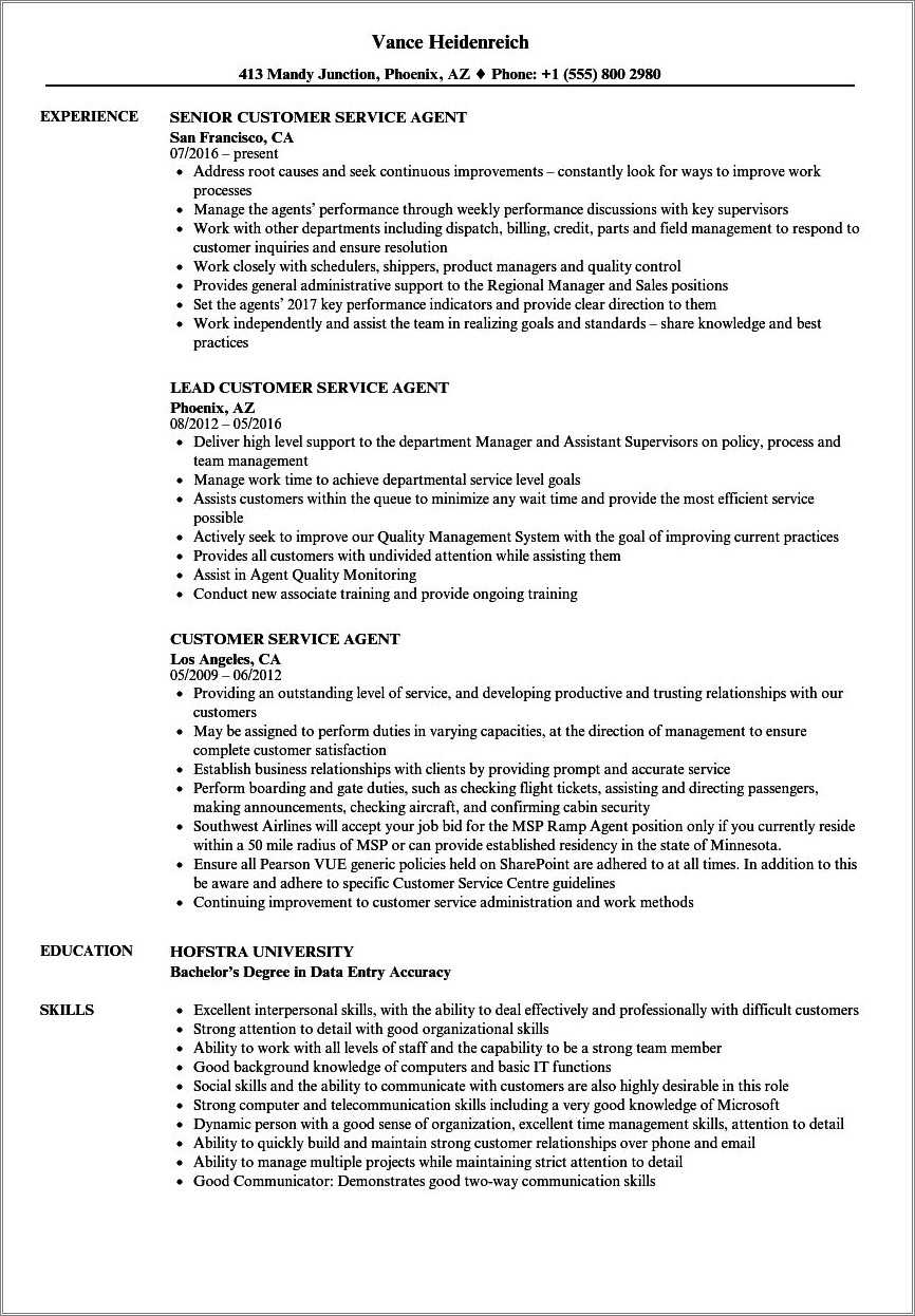 Airline Customer Service Resume Examples