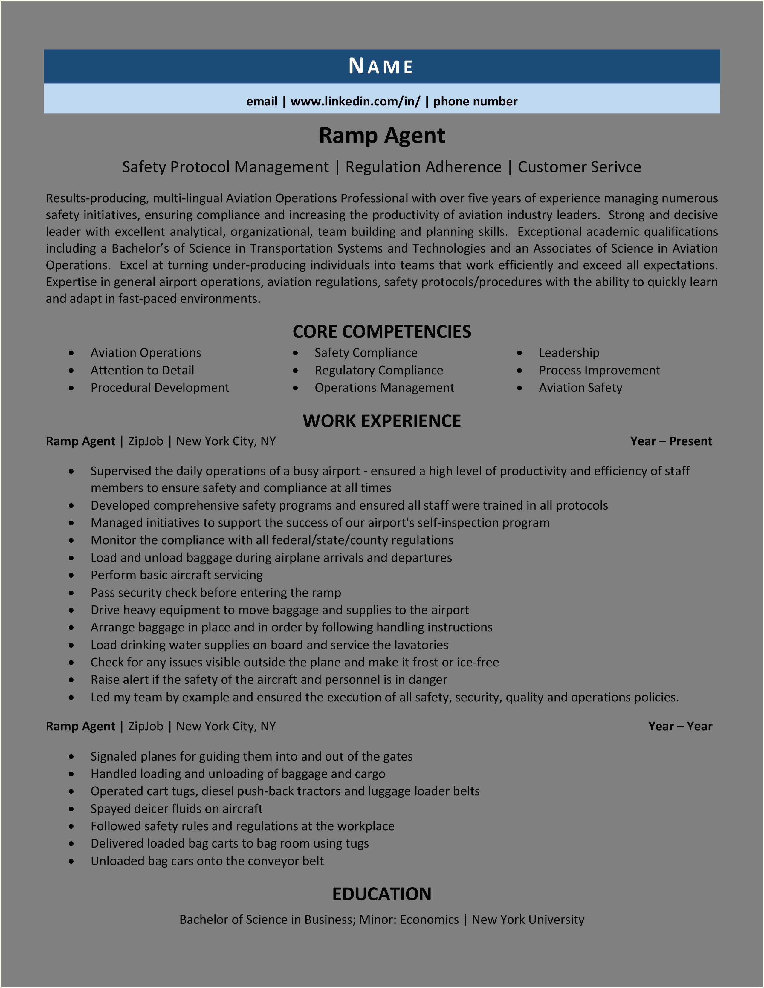 Airline Ramp Agent Resume Examples