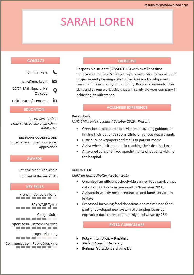 An Example Resume For High School Student