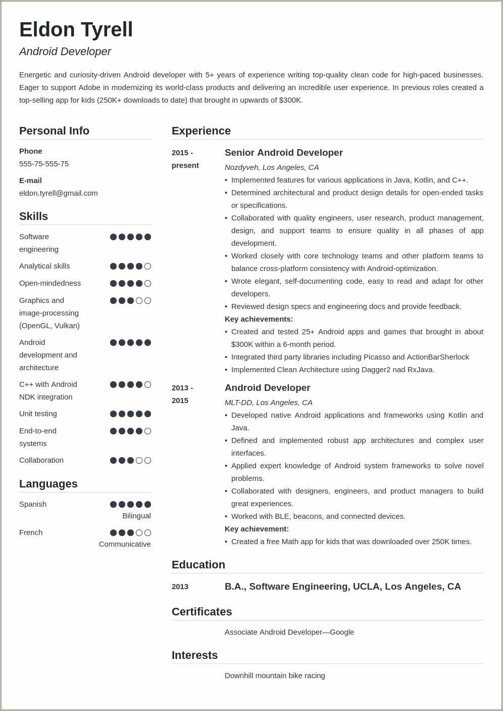 Android Developer Resume 1 Years Experience Pdf
