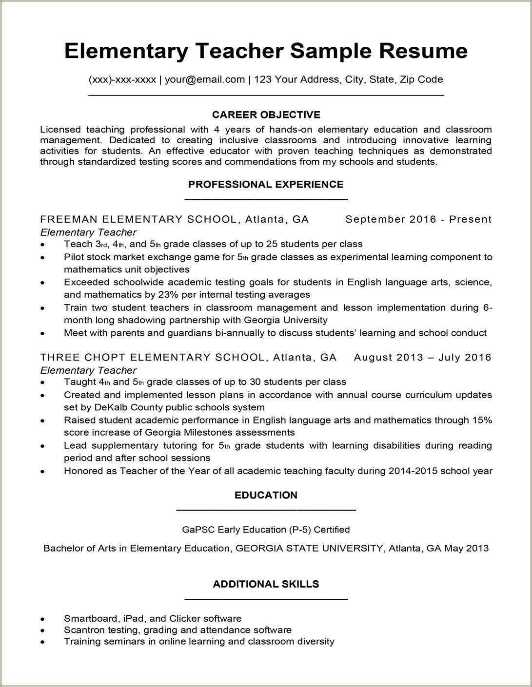 Applicant Resume Sample For Teacher
