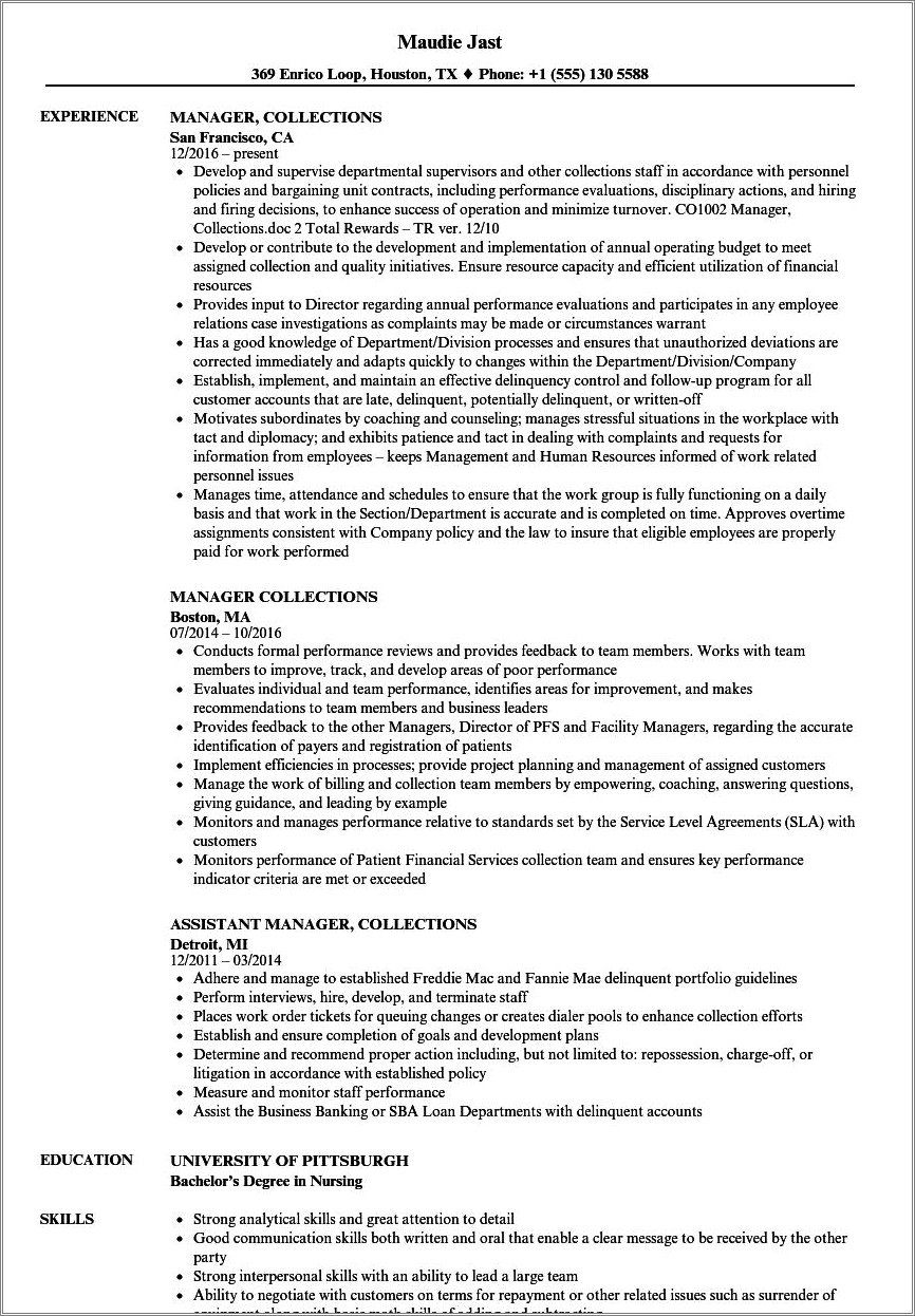 Aria Collection Manager Resume Sample