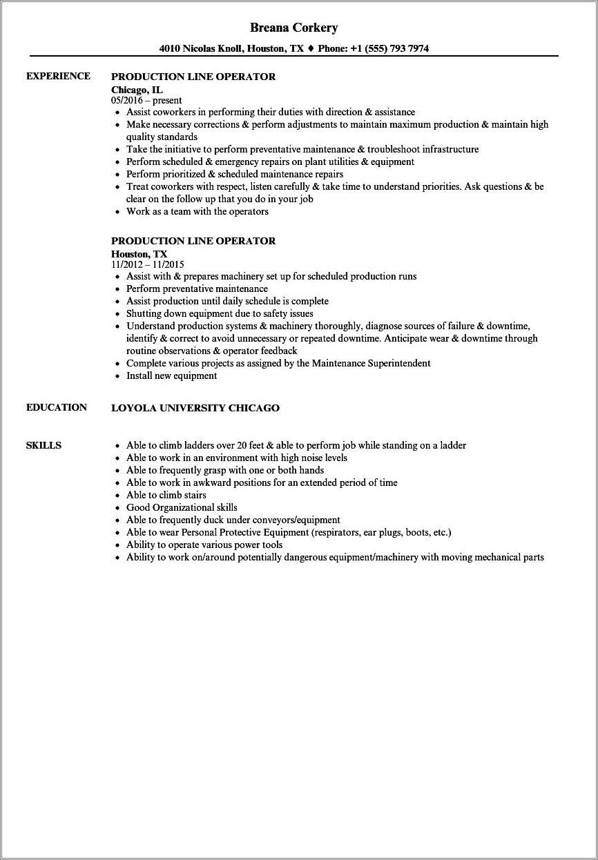 Assembly Line Job Description For Resume