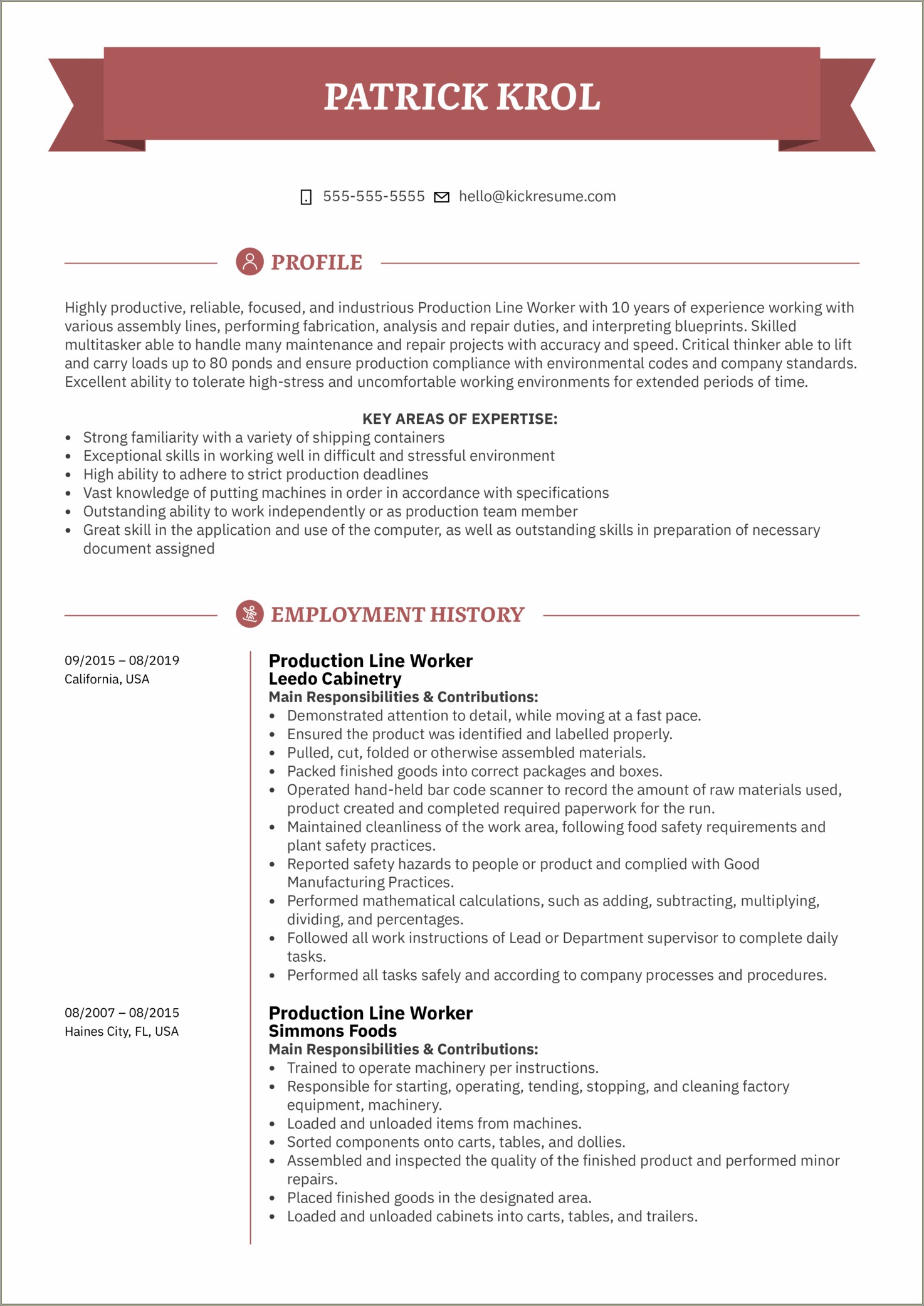 Assembly Line Worker Job Description Resume