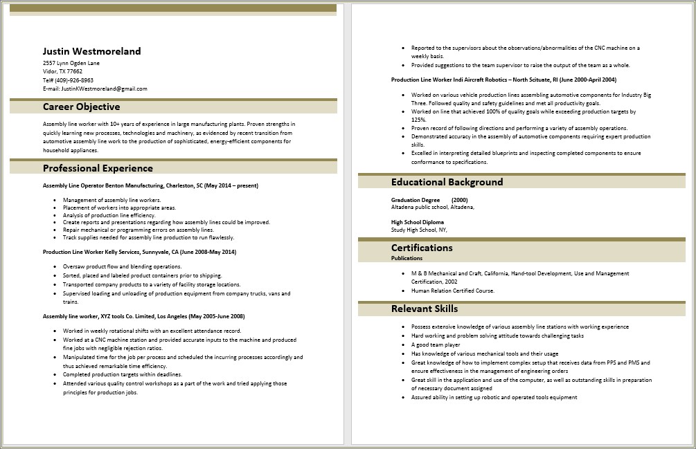 Assembly Line Worker Resume Samples