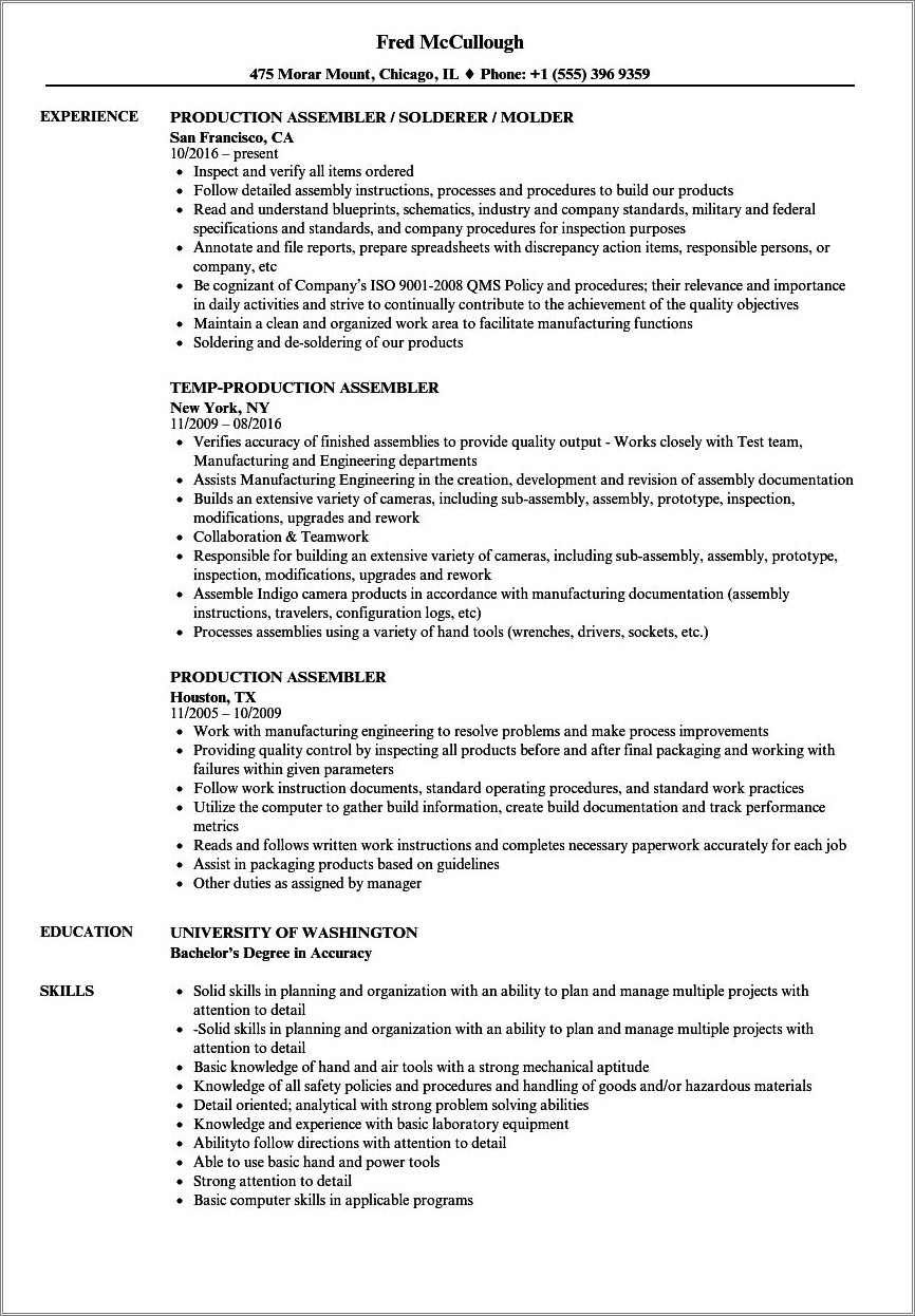 Assembly Worker Skills Worker Resume