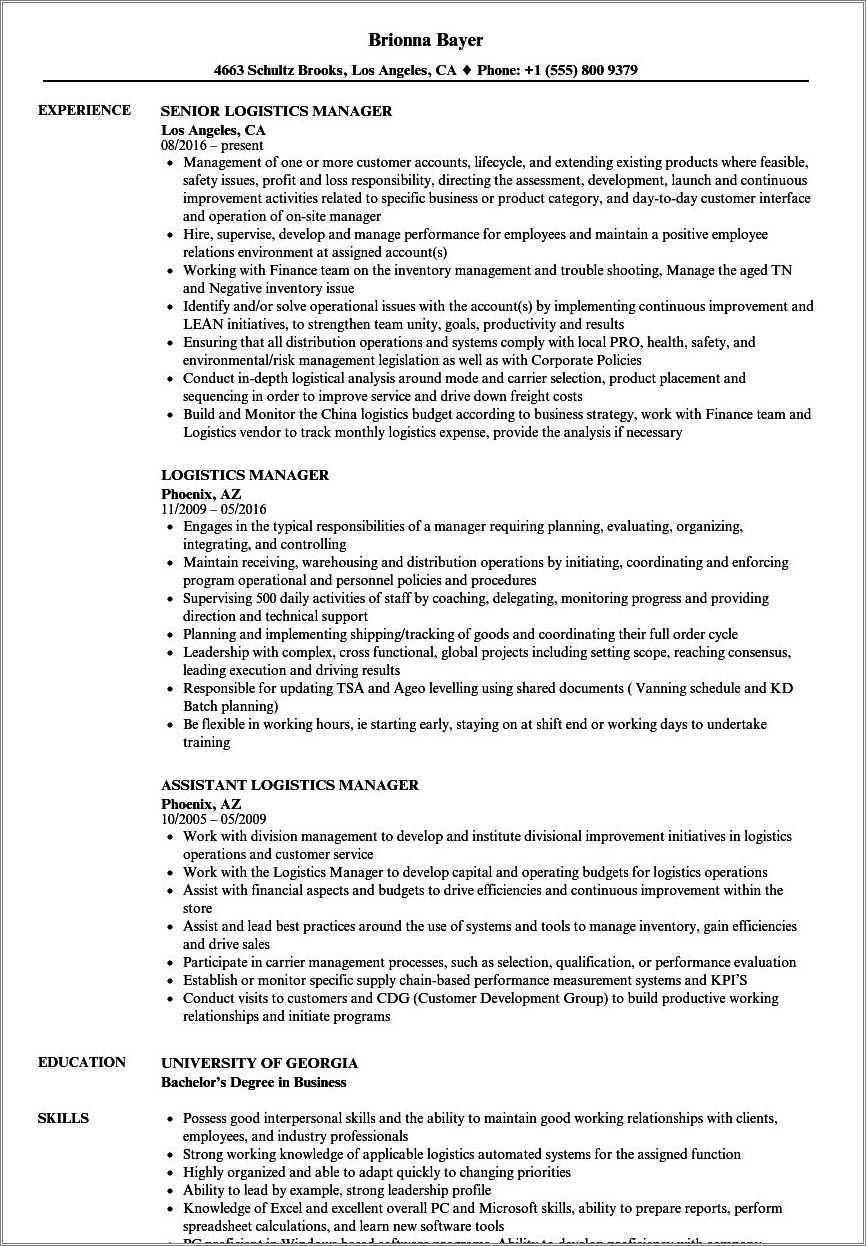 Assistant Manager Logistics Resume Sample - Resume Example Gallery