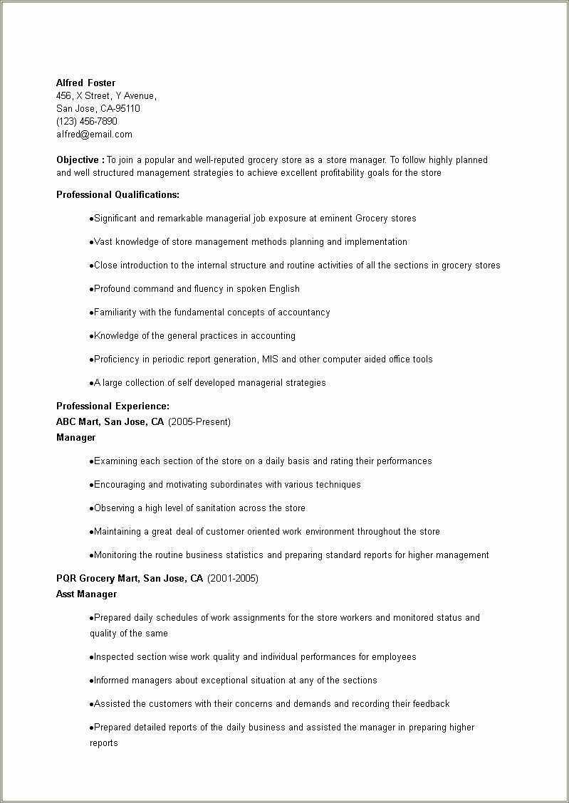 Assistant Manager S Store Manager On A Resume