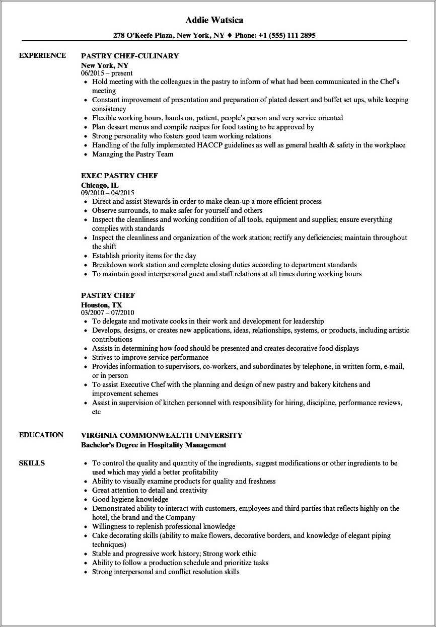 Assistant Pastry Chef Resume Sample Resume Example Gallery