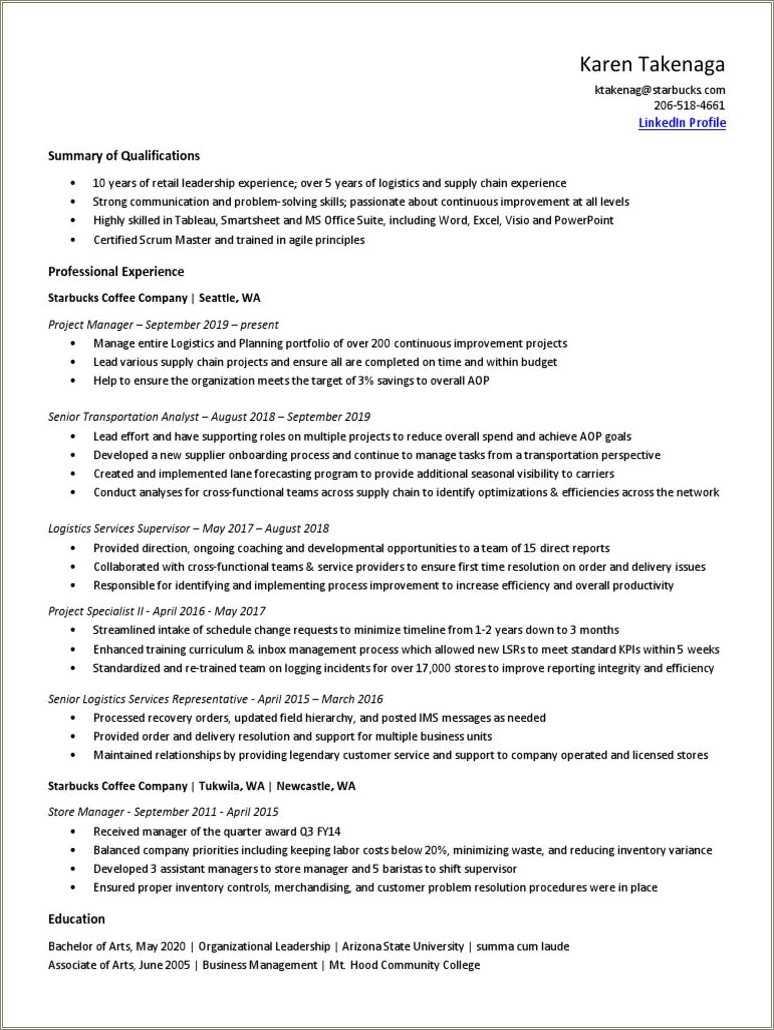 Assistant Store Manager Starbucks Resume