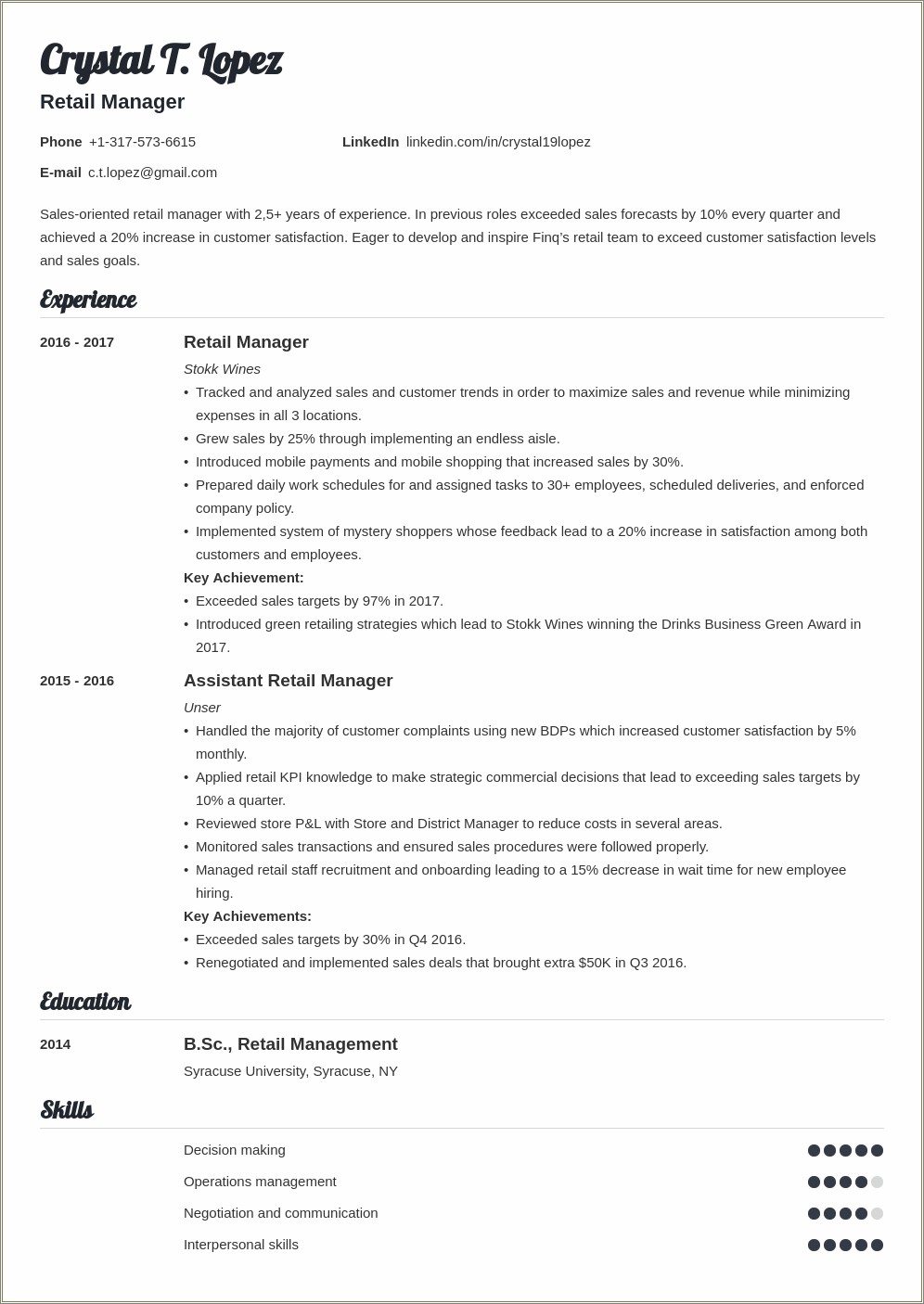 Assistant Store Manager To Manager Resume Summery