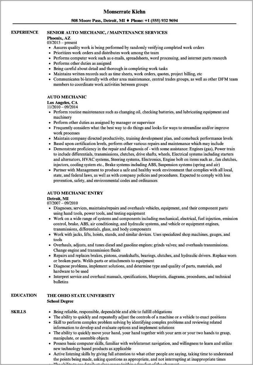 Free Auto Mechanic Resume Samples - Auto Mechanic Summary For A Resume