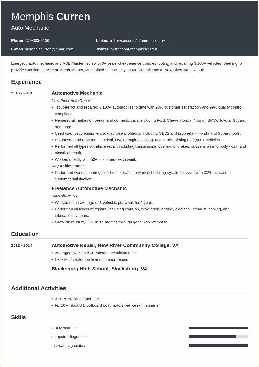 Auto Repair Technician Resume Sample