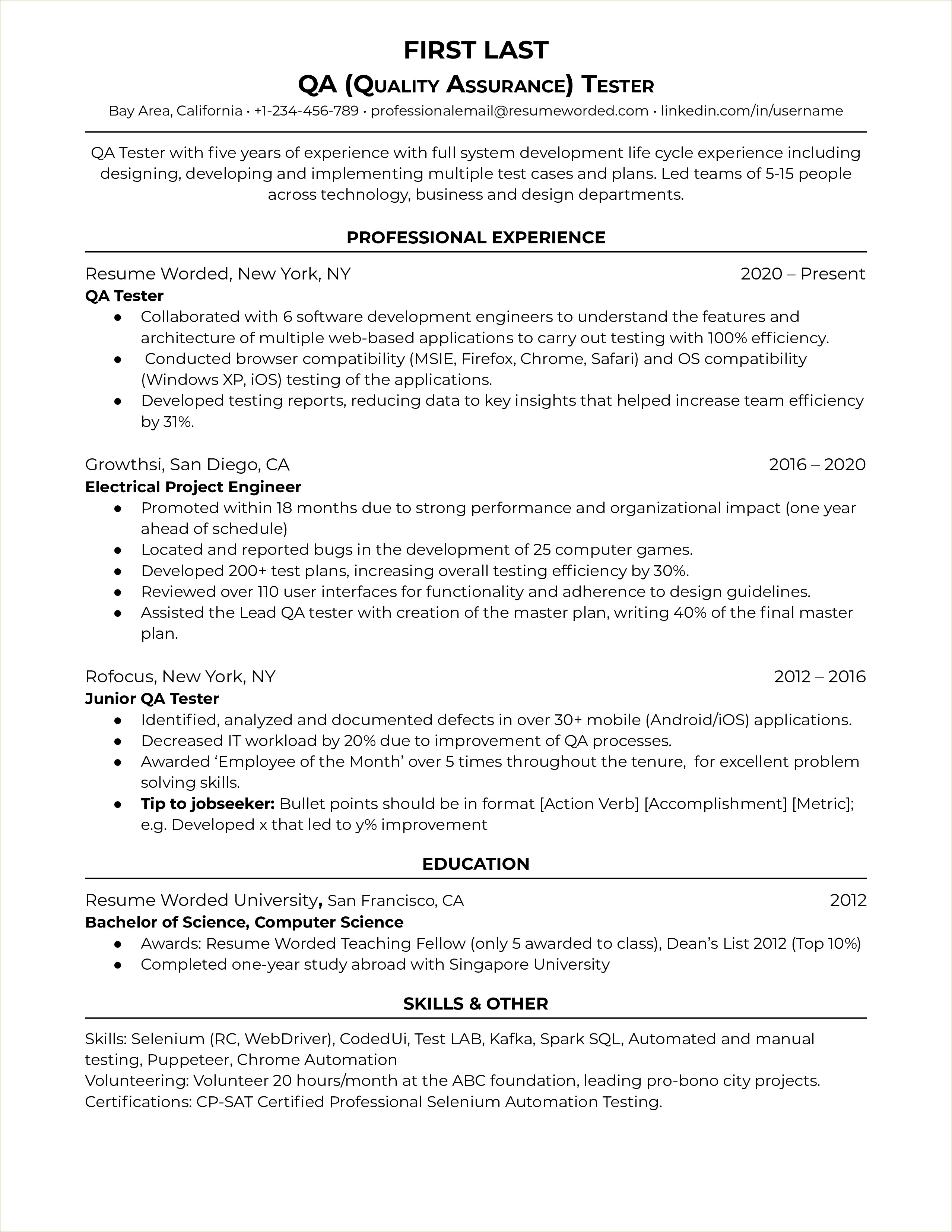 Automation Testing Experience Resume Sample