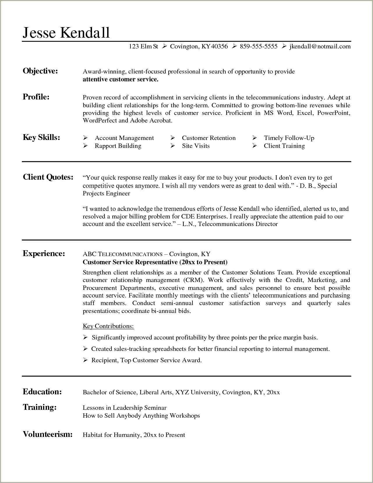 customer service representative bank resume