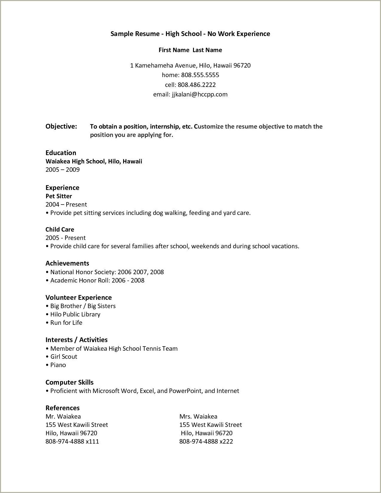 Basic Resume For Students In High School