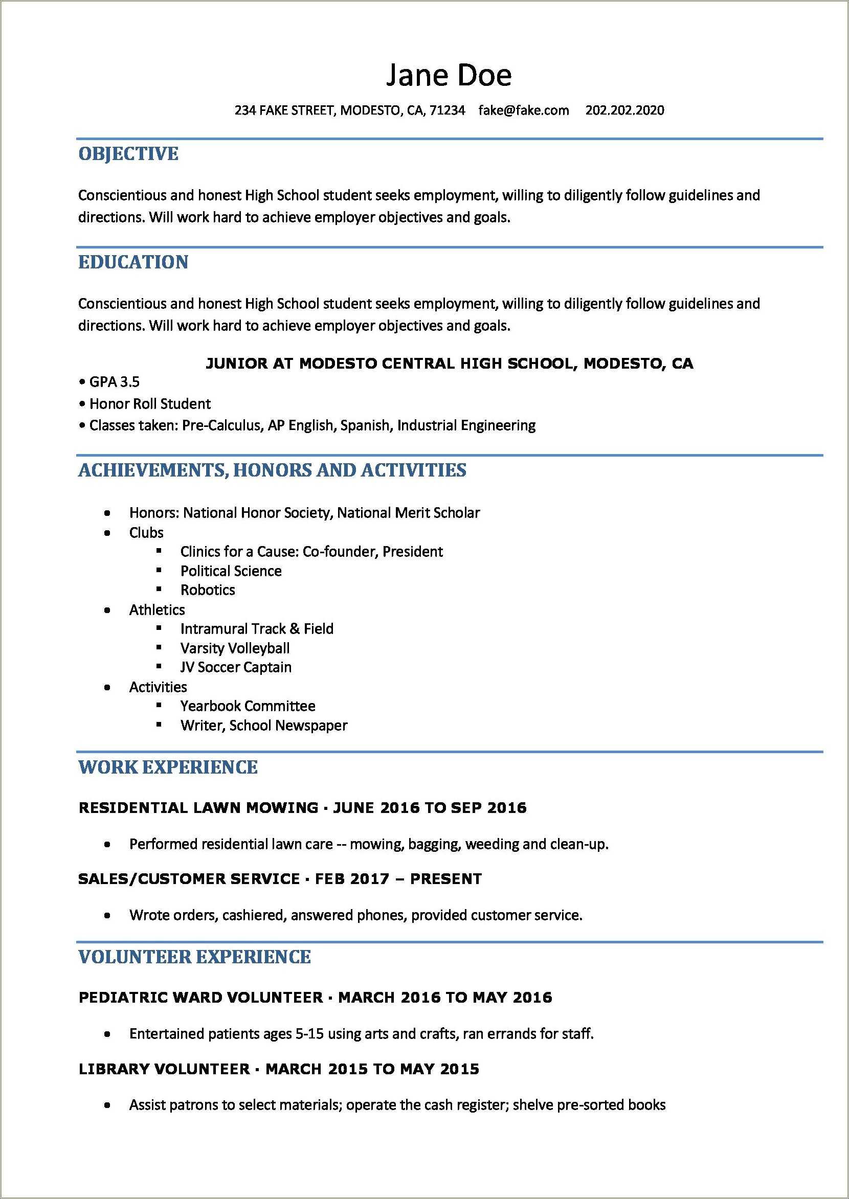 Resume Template Examples For Highschool Students
