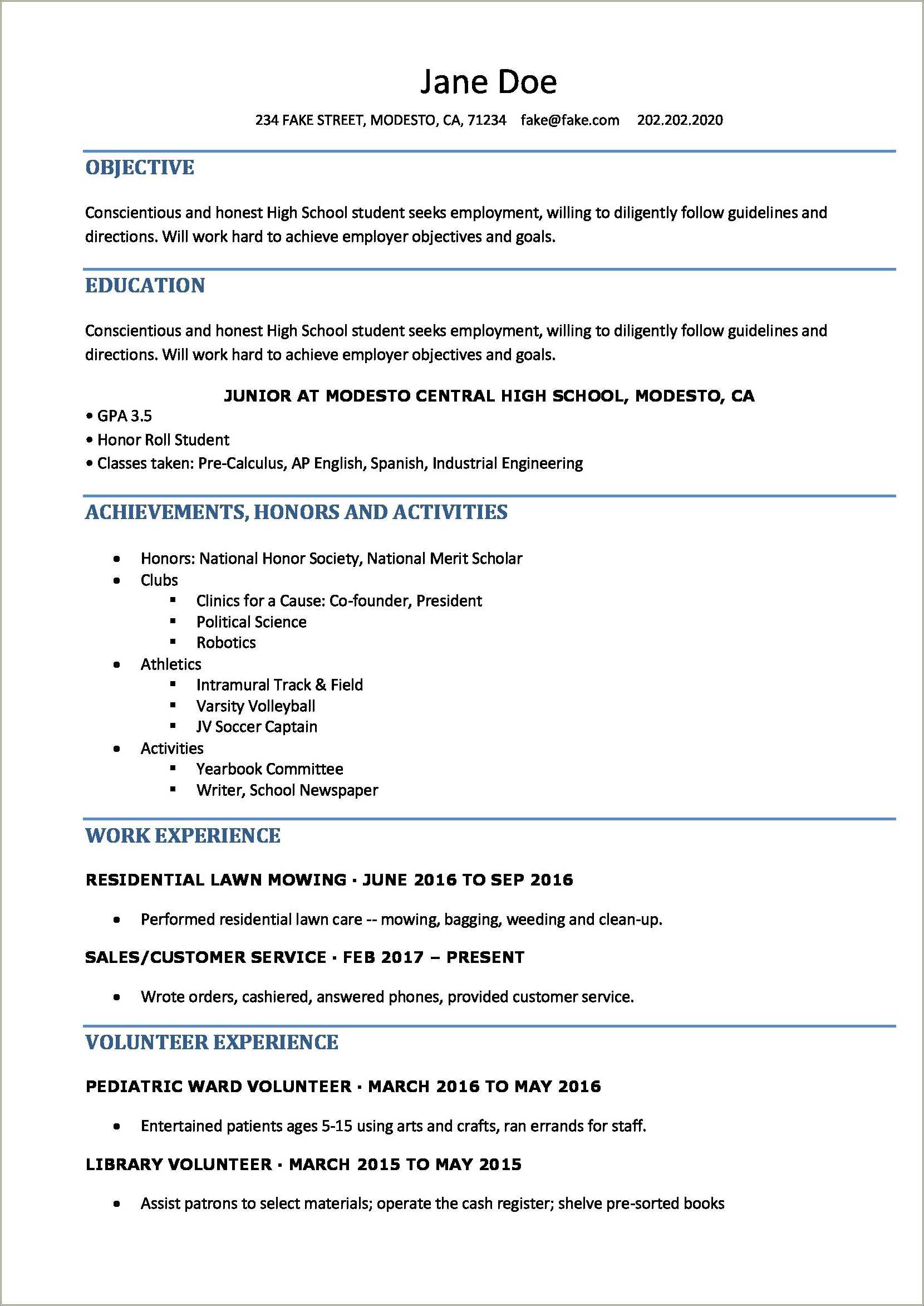 Best Sample High School Resume For College Application