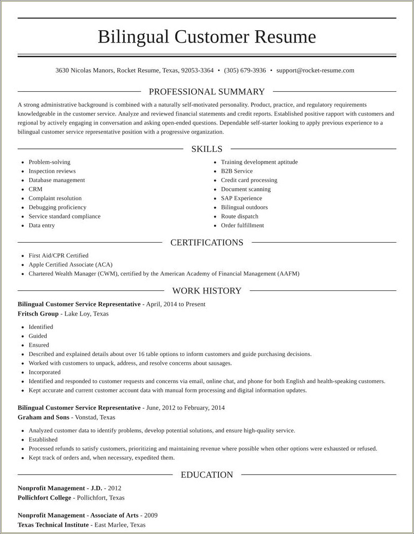 Bilingual Customer Service Representative Resume Sample