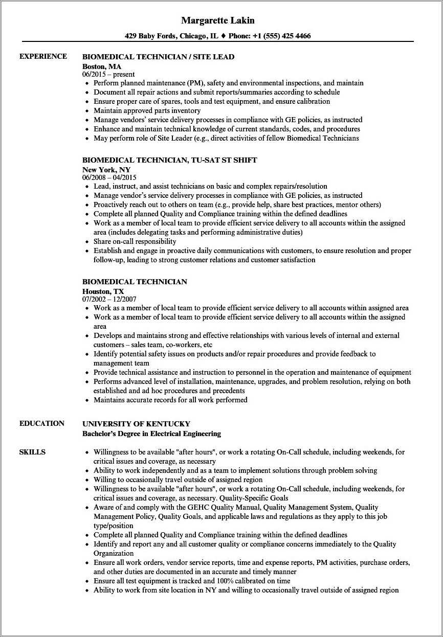 Bio Medical Equipment Technician Resume Example Resume Example Gallery