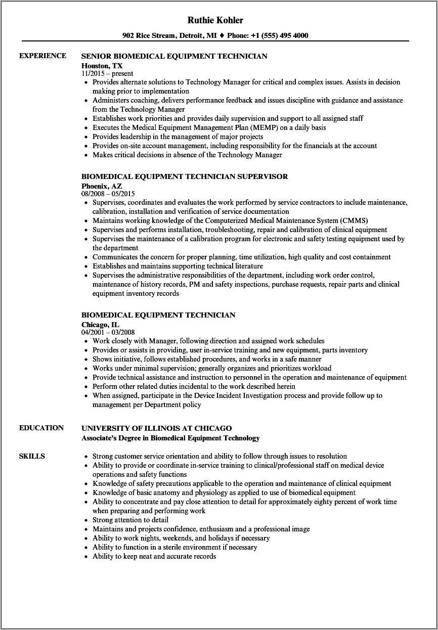 Biomedical Service Engineer Skills In Resume Resume Example Gallery