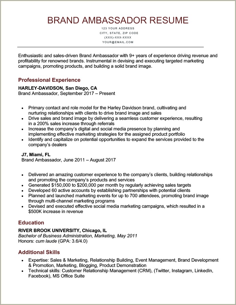 Brand Ambassador Resume Job Description