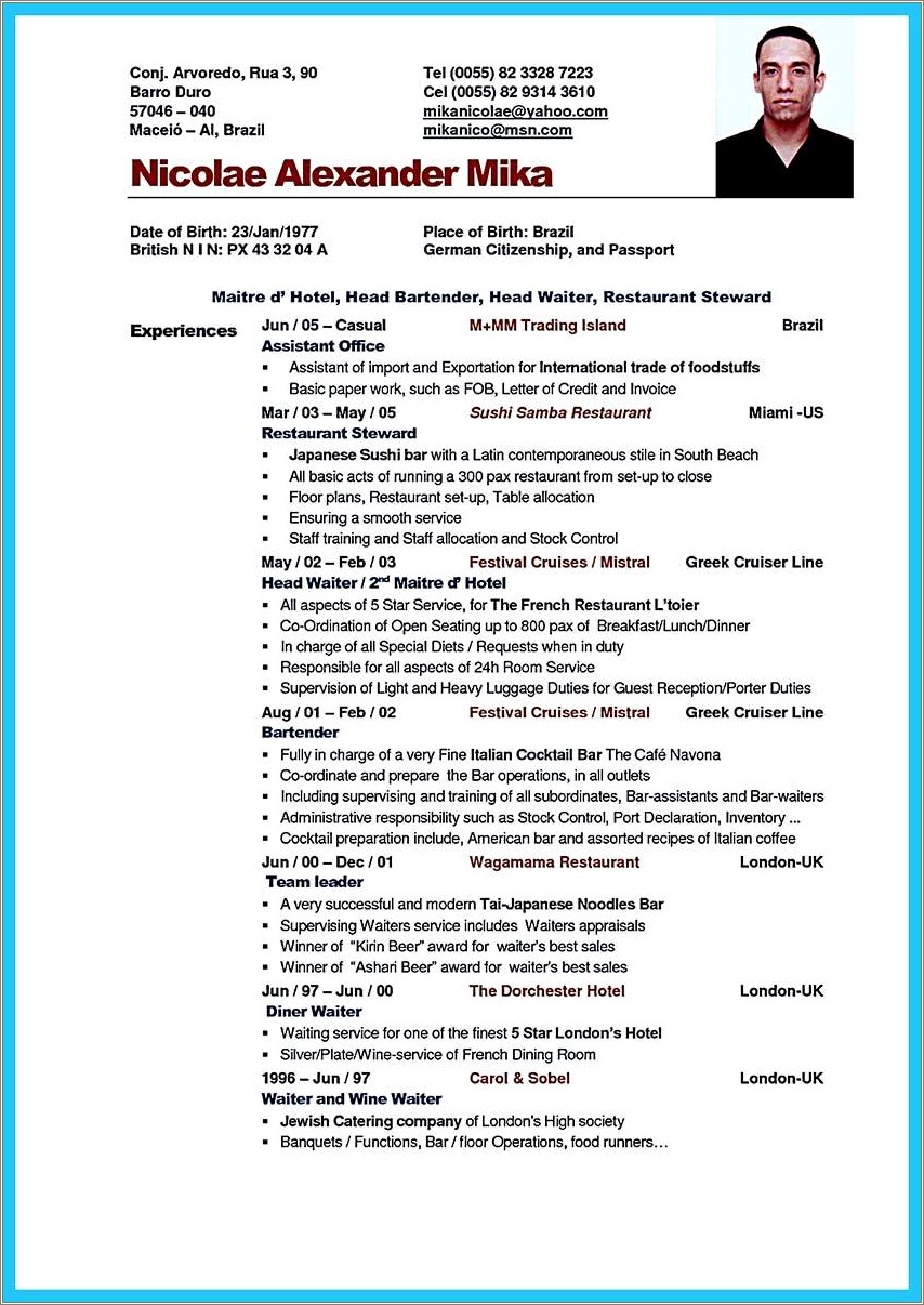 Sample Resume For Brewery Job Resume Example Gallery