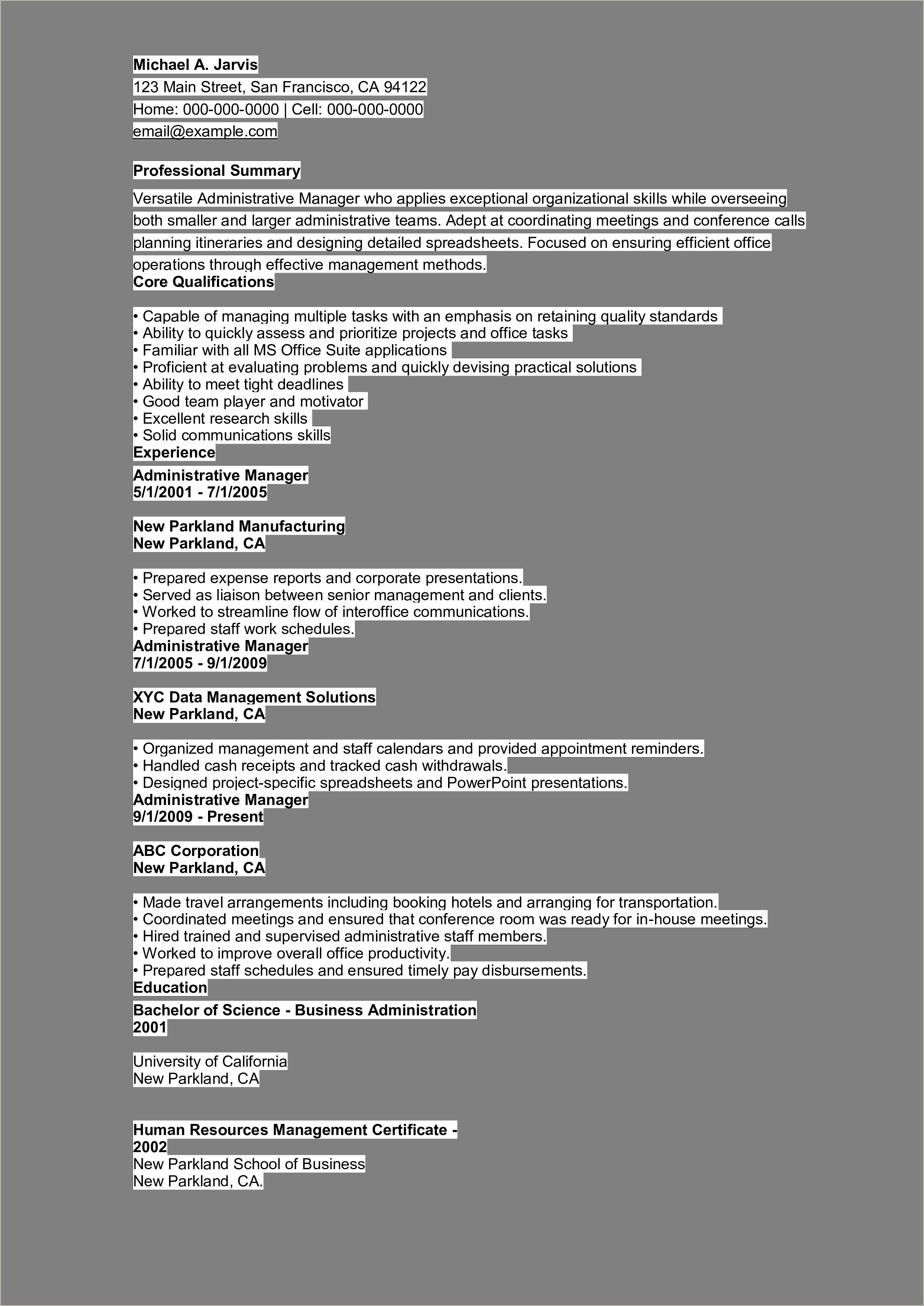Business Administration Resume In Human Resource Management