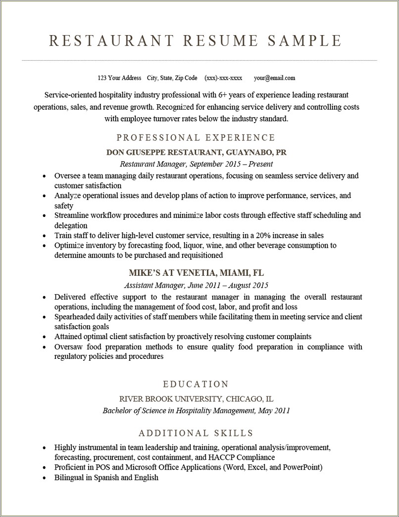 Sample Hospitality Industry Resume Objectives Resume Example Gallery sample-hospitality-industry-resume-objectives-resume-example-gallery