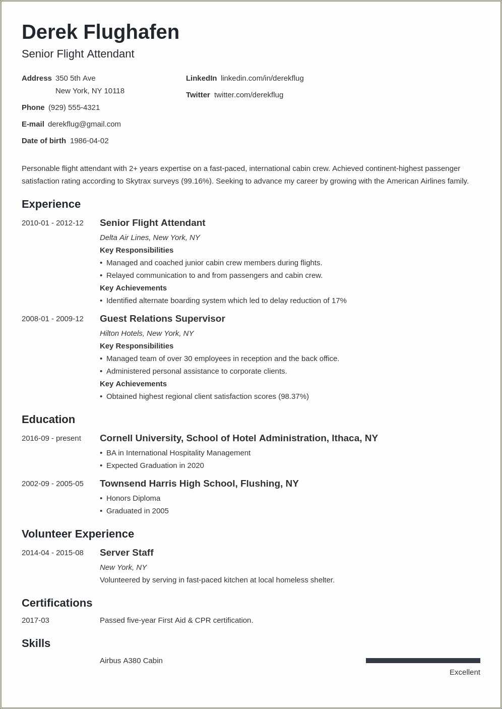 Cabin Crew Job Experience Resume