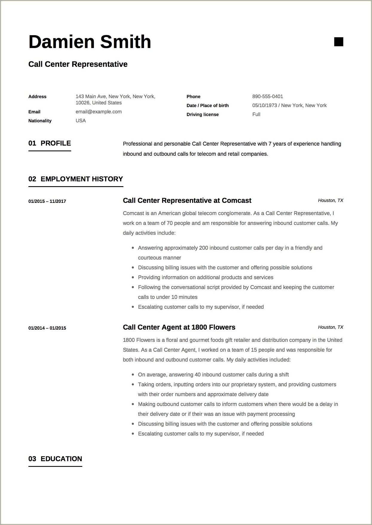 resume sample call center agent no experience
