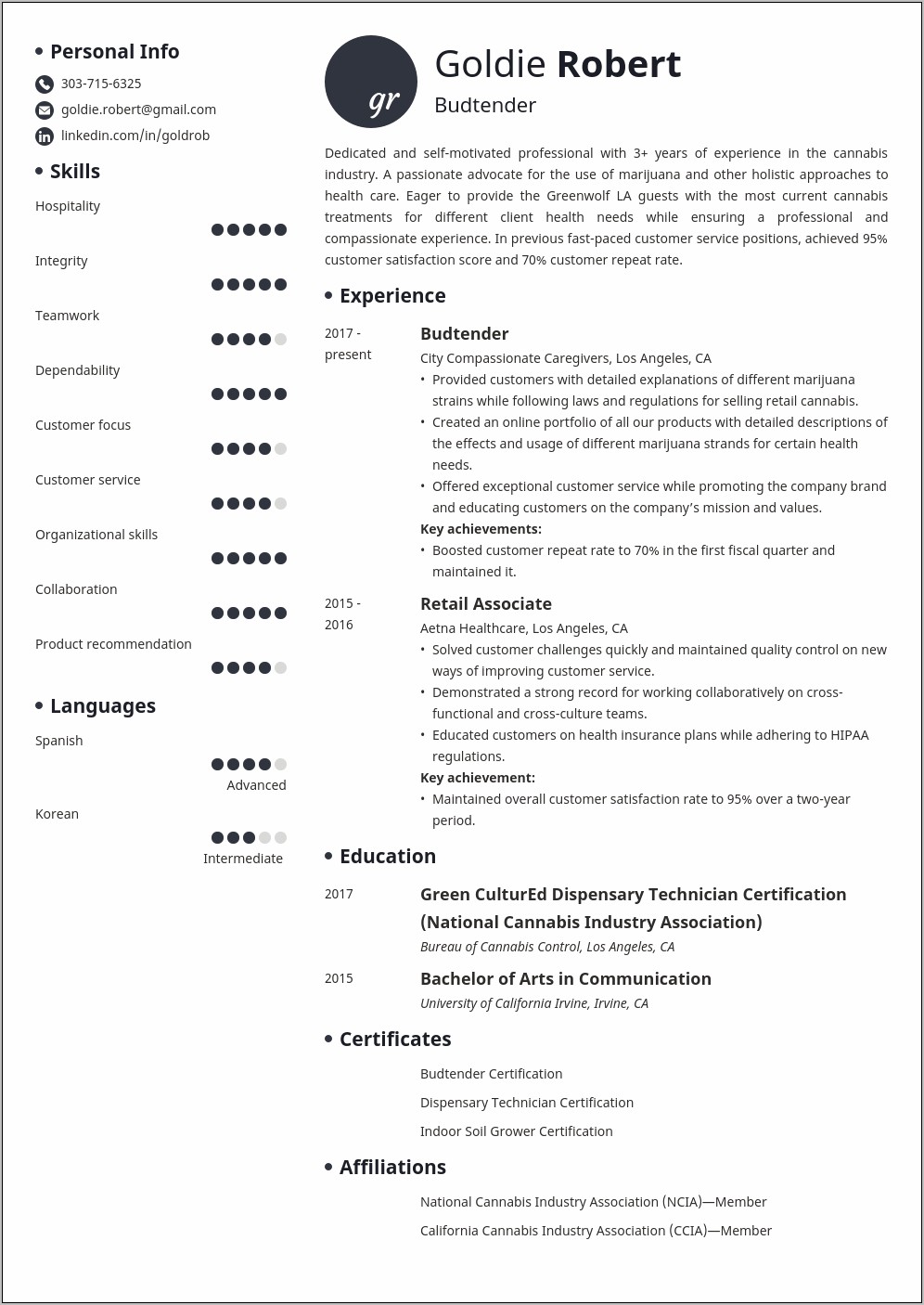 Cannabis Pastry Chef Resume Sample