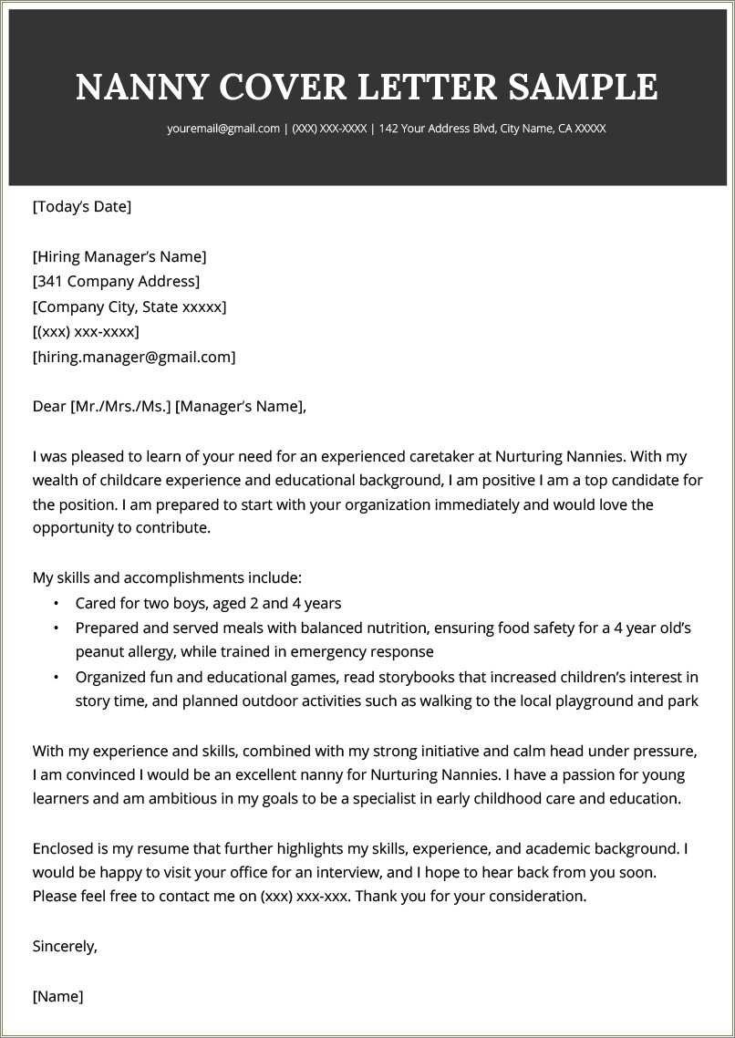 child care resume cover letter example