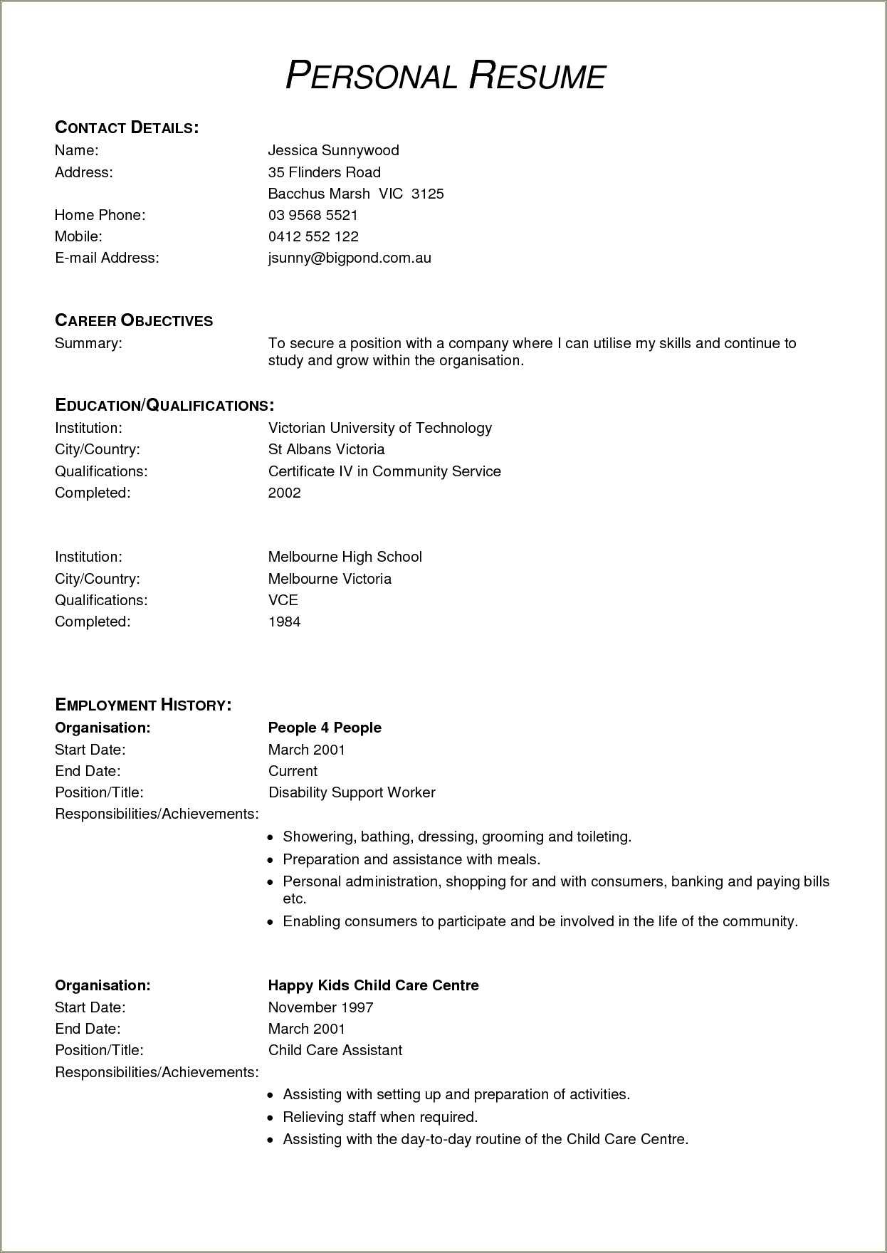 Child Care Worker Resume Objectives