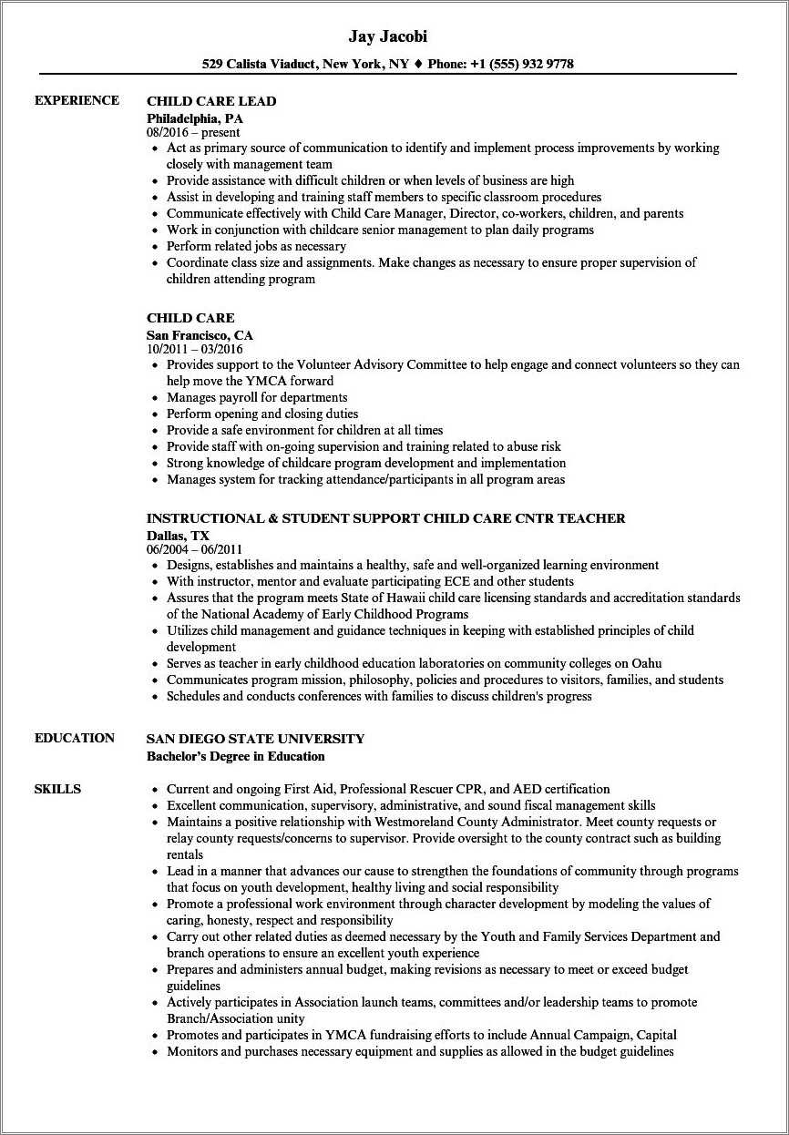 Child Care Worker Resume Sample